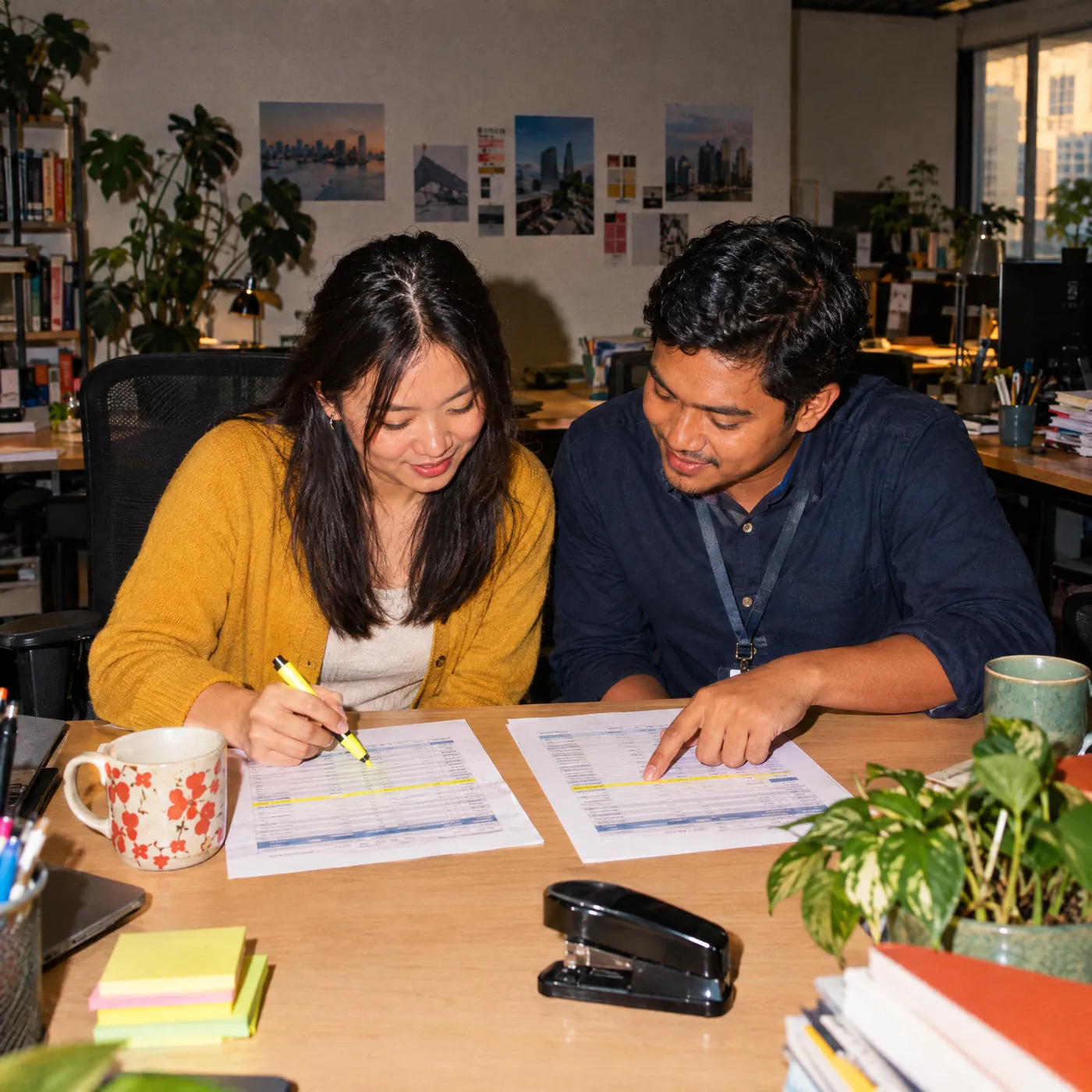 Two colleagues comparing two printed benefit summaries side by side, one running a highlighter along a row