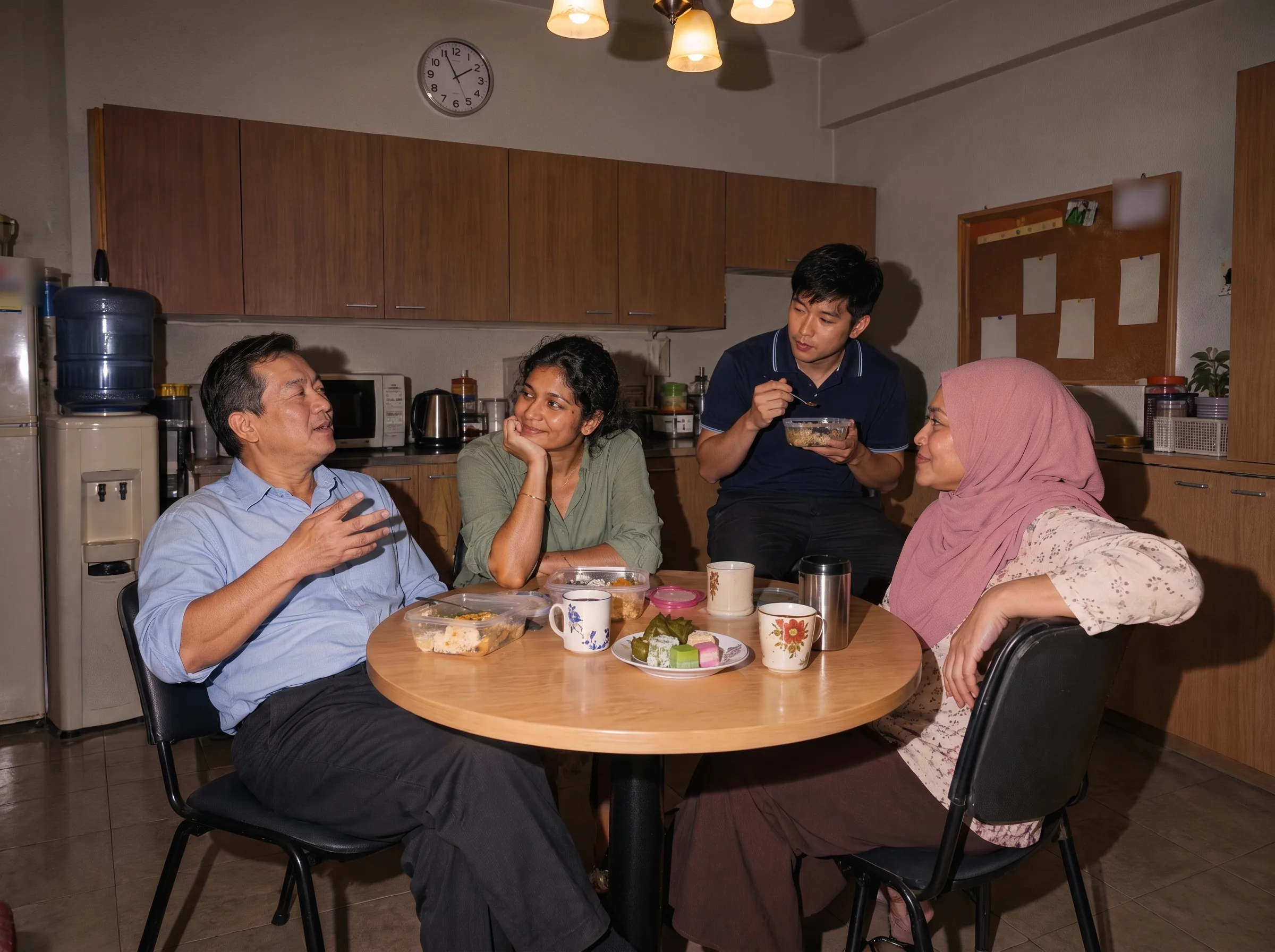 Four colleagues chatting over an ordinary lunch around a small table in the office pantry