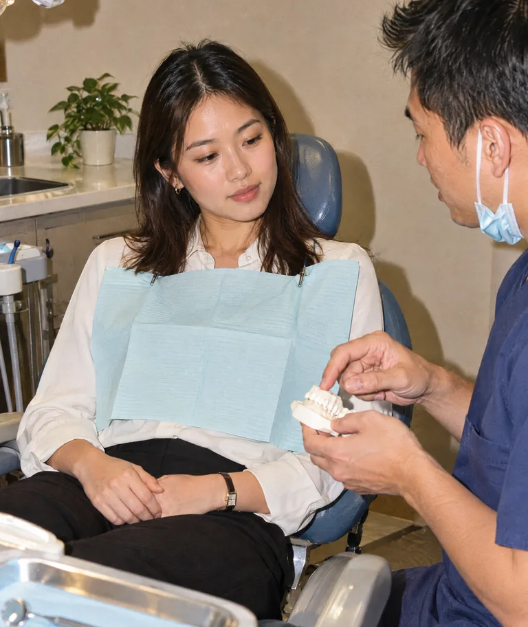 A young woman listening to her dentist during a lunchtime check-up