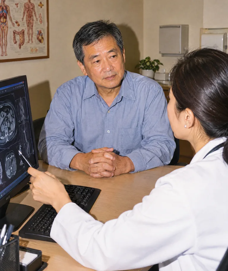An older employee listening as a specialist explains his scan