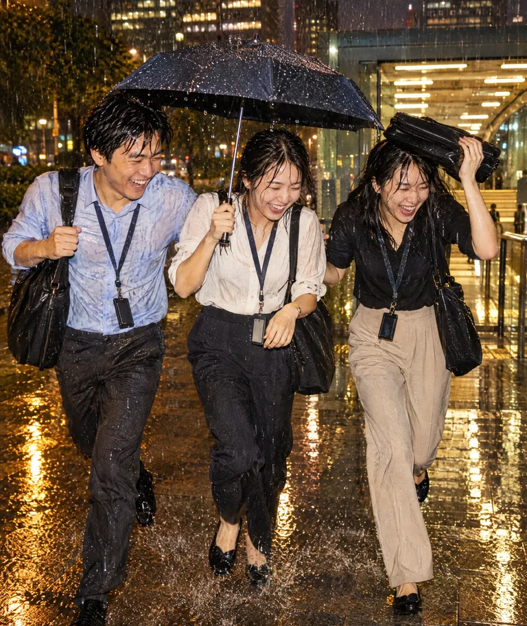 Three colleagues running under one umbrella to the MRT in the rain, laughing